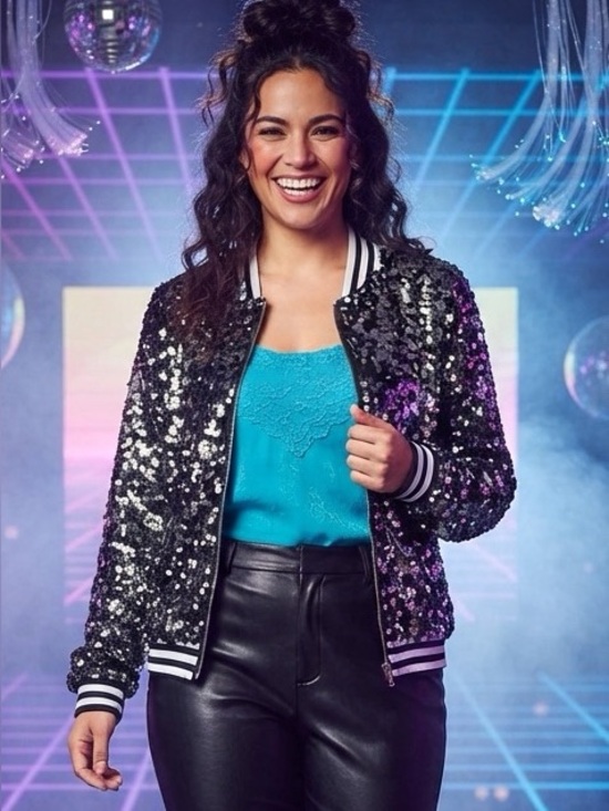 Jackets & Blazers - Sparkly Black & Silver Sequin Bomber Jacket Striped Varsity Trim Large